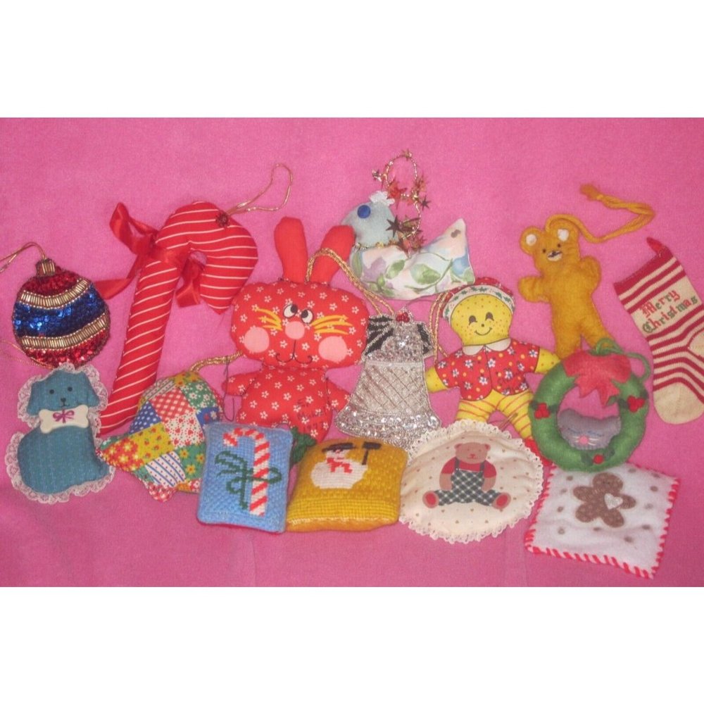 Vintage Handmade Stuffed Cloth Fabric Christmas Tree Ornaments Plush Mixed Lot